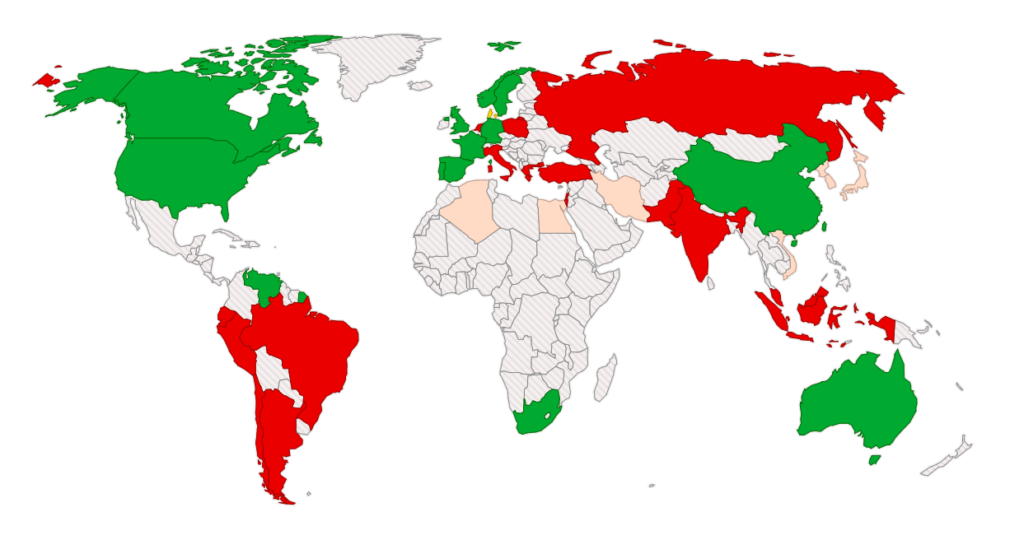 Carte des pays qui autorisent (en vert) et n'autorisent pas (rouge) les femmes à bord de sous-marins // Source : Marie Turcan/2014 pour les Inrocks