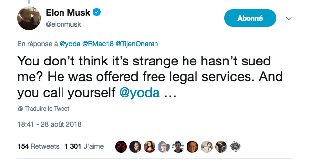 Capture d'écran du compte d'Elon Musk, le 29 août 2018 // Source : Twitter/elonmusk