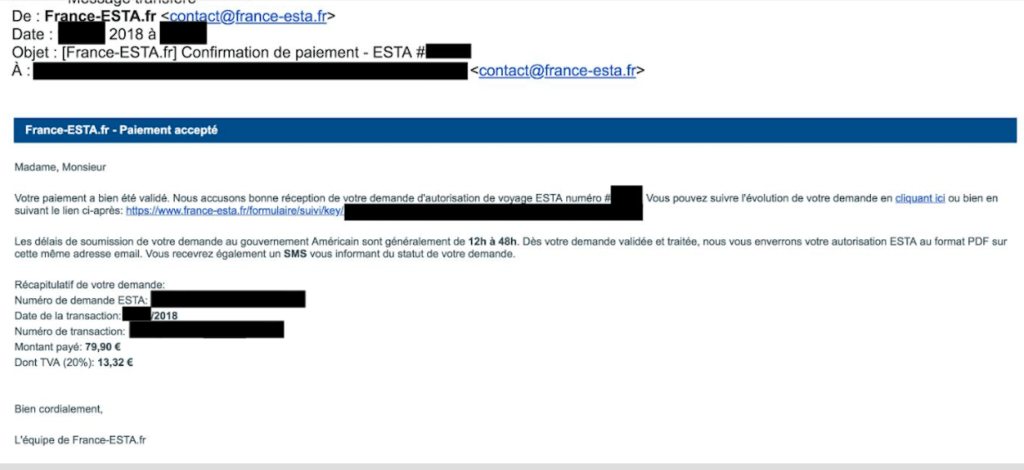 Capture d'écran d'un mail de confirmation de paiement de france-esta.fr // Source : MT pour Numerama