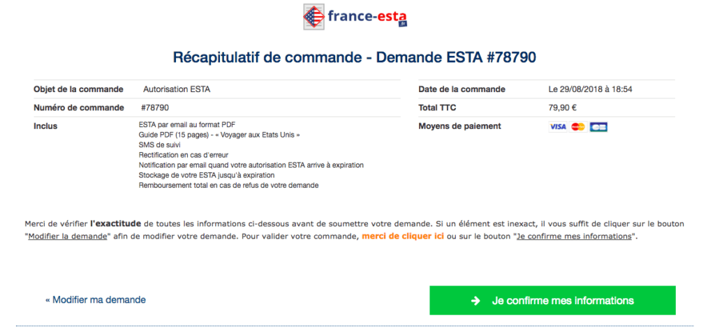 Capture d'écran de la phase de paiement sur le site france-esta.fr