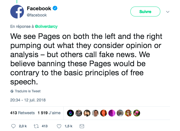 Capture d’écran d’un tweet de Facebook. 13 juillet 2018
Capture d’écran d’un tweet de Facebook. 13 juillet 2018