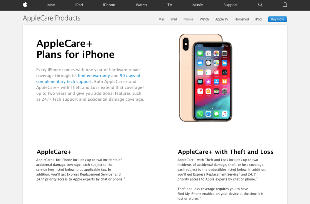 Aux États-Unis, l'assurance AppleCare+ prend désormais en compte le vol et la perte. // Source : Capture d'écran du site d'Apple