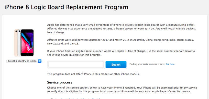 Capture d'écran du programme de réparation iPhone 8 // Source : Apple
