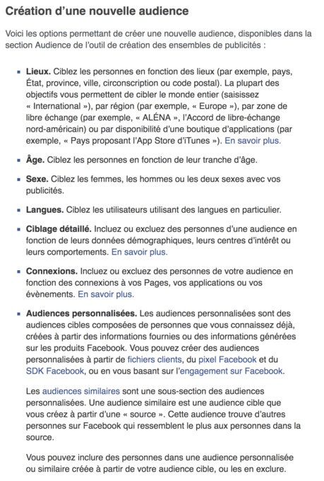 Voici les critères que peuvent utiliser les annonceurs pour leur ciblage publicitaire. // Source : Capture d'écran / Numerama