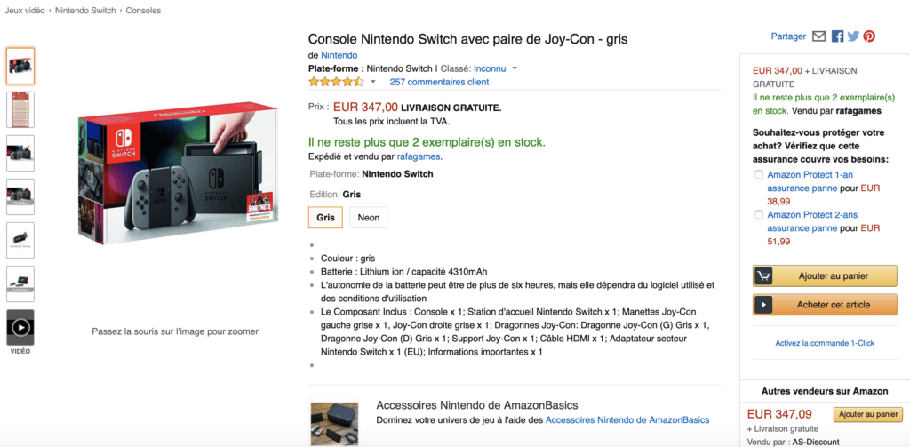 Nintendo Switch sur Amazon // Source : Capture d'écran du 28/09/2018 Nintendo Switch sur Amazon // Source : Capture d'écran du 28/09/2018