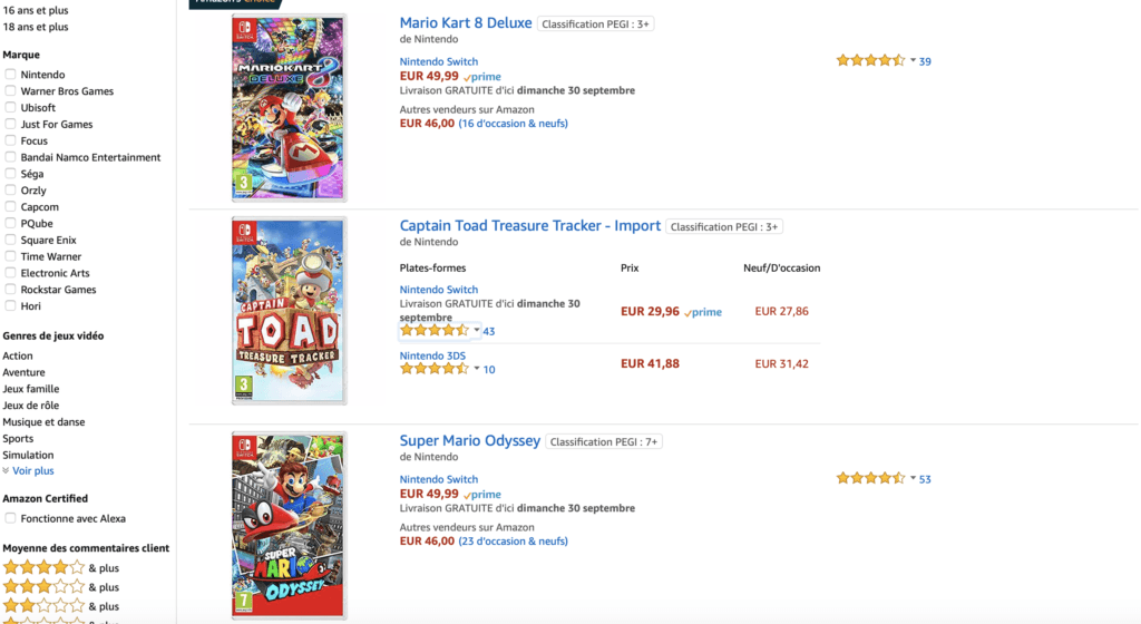 Jeux Switch sur Amazon // Source : Capture Amazon du 28 septembre 2018 Jeux Switch sur Amazon // Source : Capture Amazon du 28 septembre 2018
