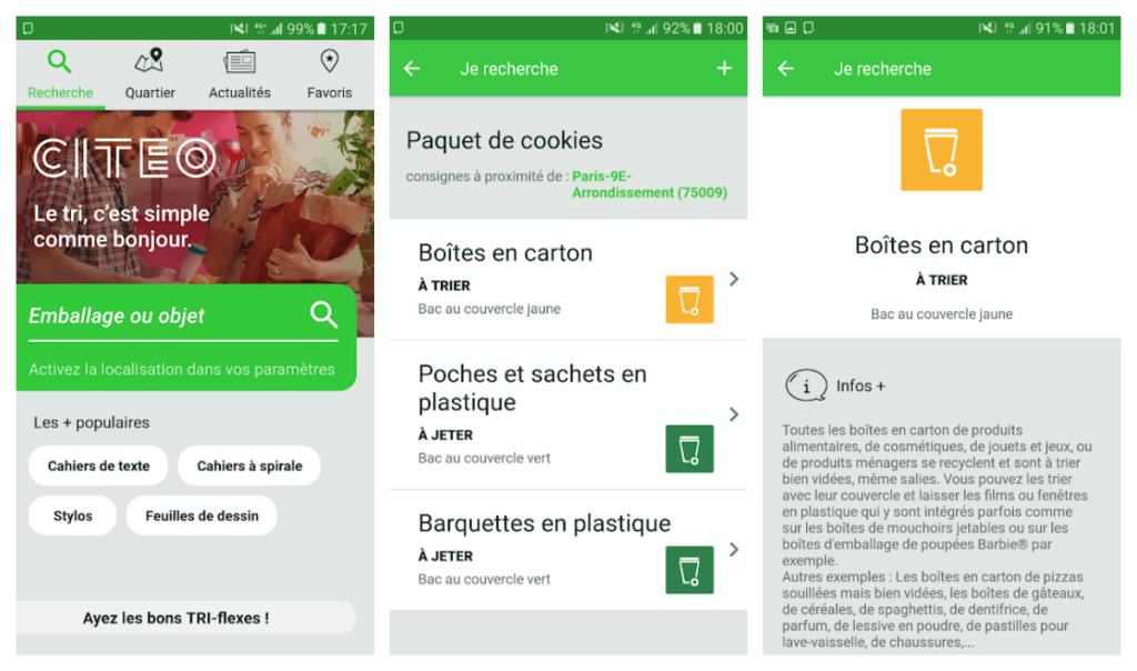 L'application qui indique la consigne de tri en fonction de votre localisation. // Source : Captures d'écran Guide du tri