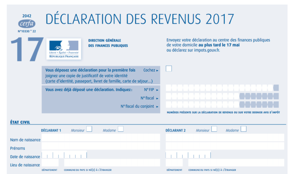 Capture d'écran du formulaire de déclaration des revenus 2017.