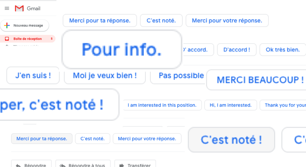 Montage de quelques "réponses intelligentes" sur Gmail // Source : Numerama