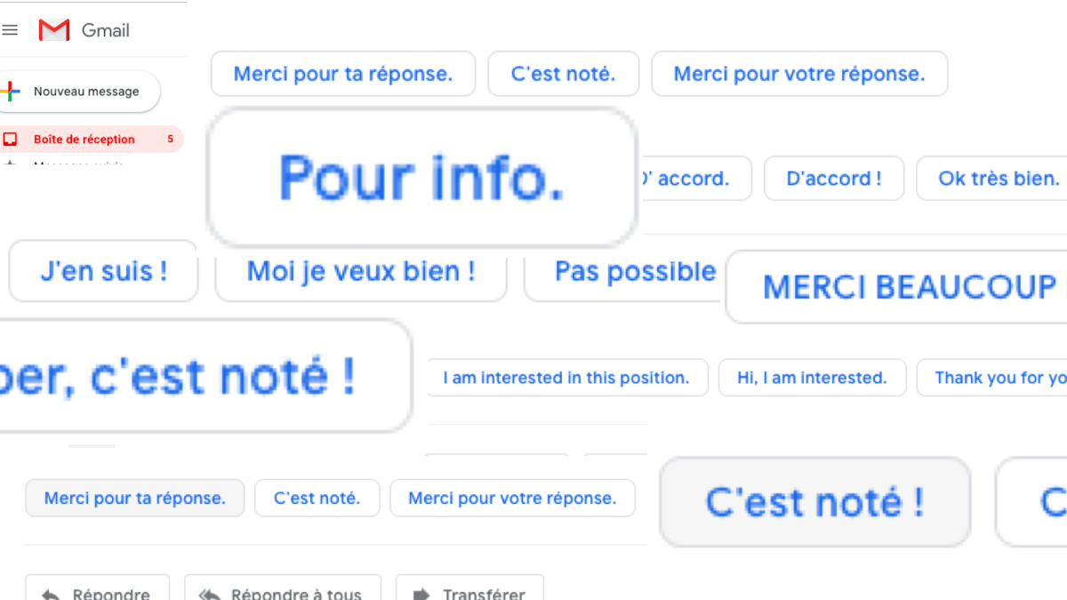 Montage de quelques "réponses intelligentes" sur Gmail // Source : Numerama