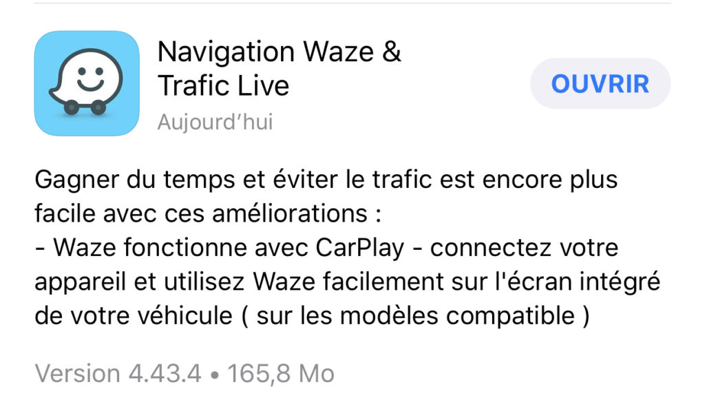 Mise à jour Waze CarPlay // Source : Capture iOS 12 Mise à jour Waze CarPlay // Source : Capture iOS 12