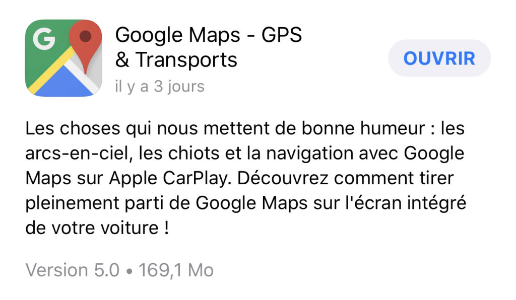 Mise à jour Google Maps CarPlay // Source : Capture iOS 12 Mise à jour Google Maps CarPlay // Source : Capture iOS 12