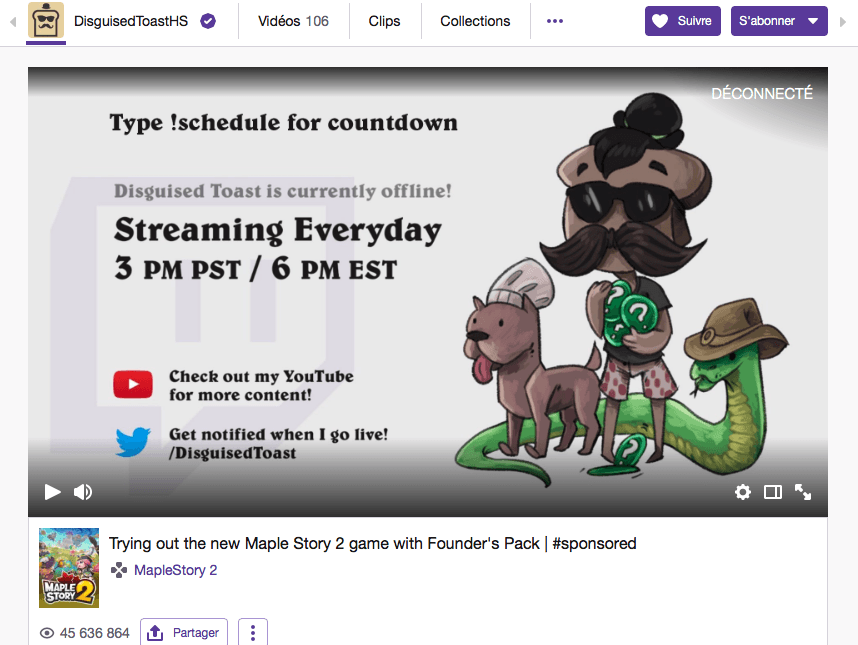 Disguised Toast est en ce moment sponsorisée par Mapple Village 2 // Source : Capture d'écran de la chaîne Twitch de Disguised Toast, le 5 octobre 2018. 