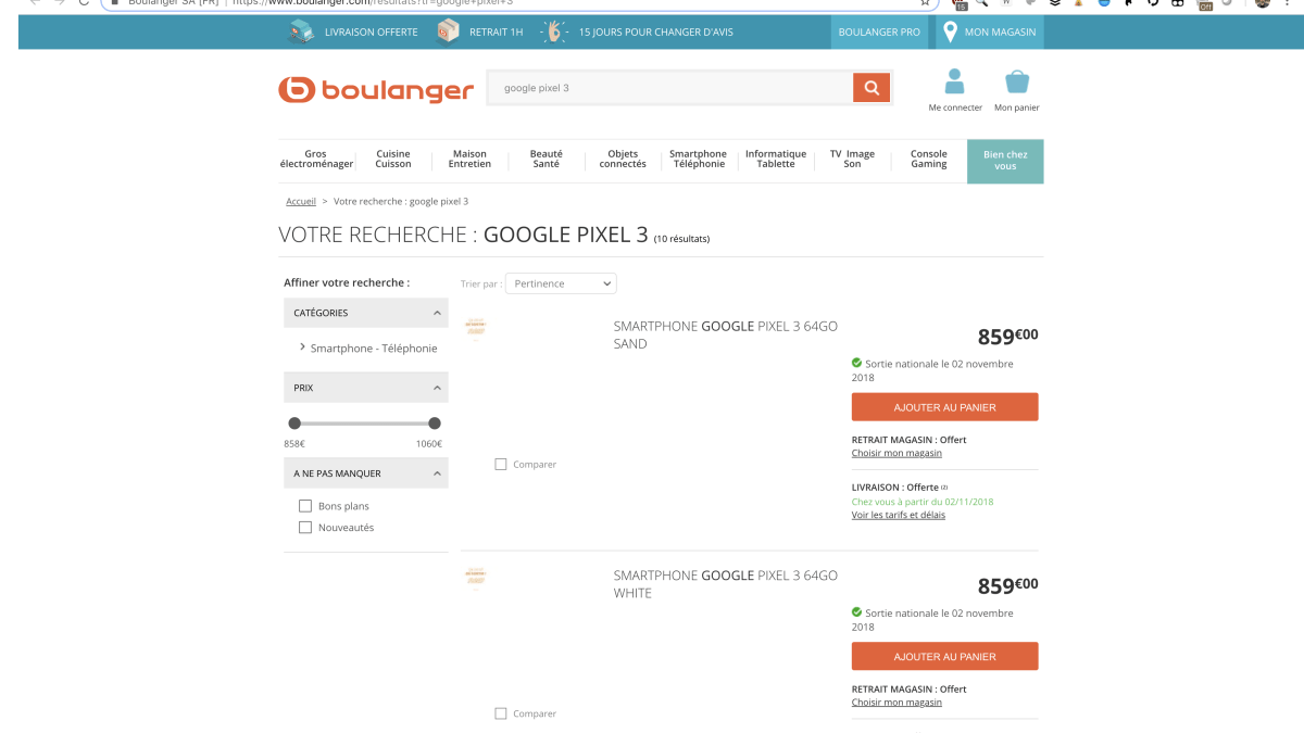 Prix Pixel 3 et Pixel 3 XL (Boulanger) // Source : Capture Numerama du 9 octobre 2018