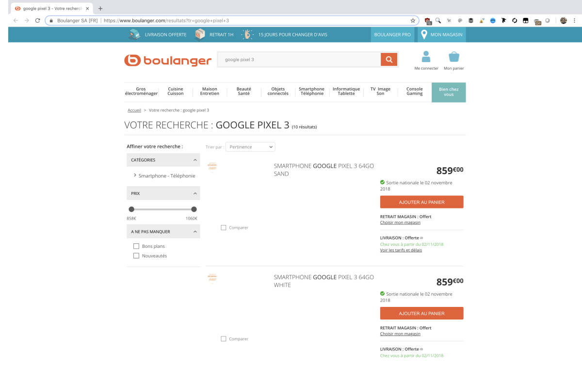 Prix Pixel 3 et Pixel 3 XL (Boulanger) // Source : Capture Numerama du 9 octobre 2018