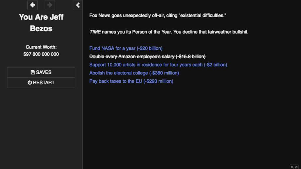 Soutenir 10 000 artistes pendant quatre ans me coûterait 2 % de ma fortune. J'hésite.  // Source : You are Jeff Bezos - Kris Ligman