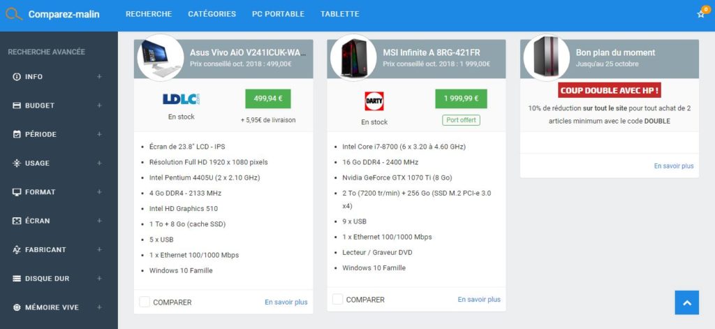 La page de recherche par critère de Comparez-Malin.fr La page de recherche par critère de Comparez-Malin.fr