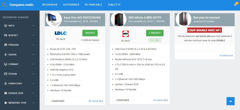 La page de recherche par critère de Comparez-Malin.fr