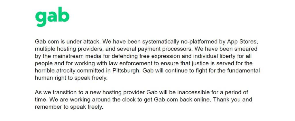 Le site Gab se dit ciblé par les médias. // Source : Capture d'écran Gab / Numerama