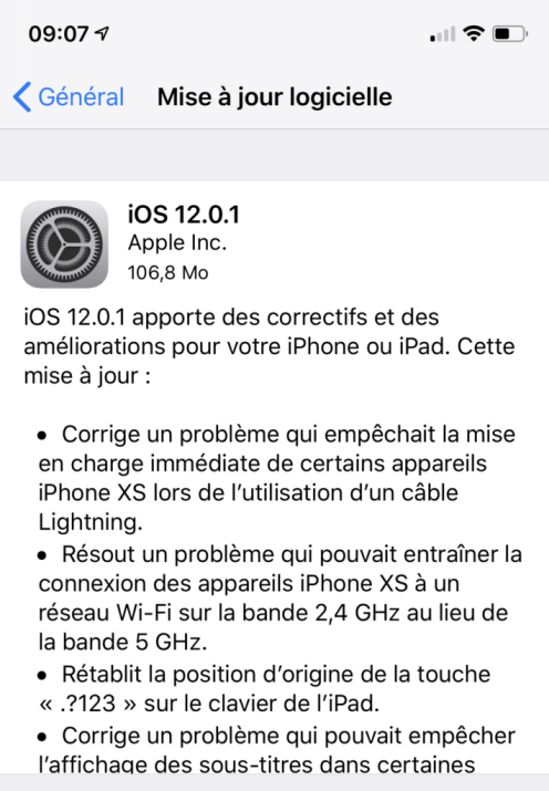 Capture d'écran de la MAJ iOS 12.0.1. // Source : Capture d'écran Numerama