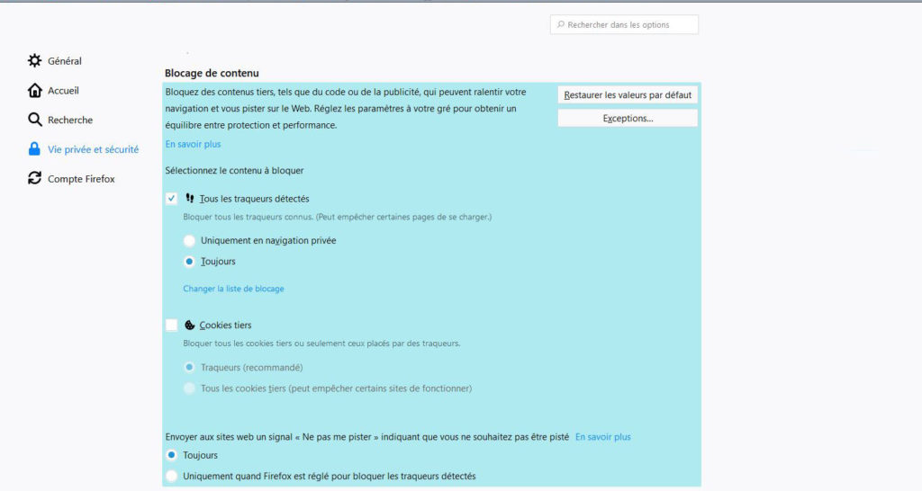 Les réglages proposés dans Firefox 63. Les réglages proposés dans Firefox 63.