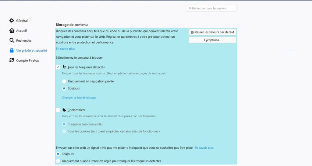 Les réglages proposés dans Firefox 63.