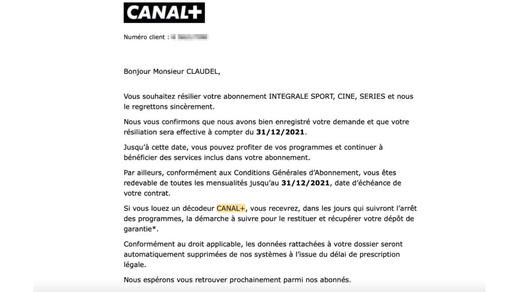 Confirmation de résiliation Canal+