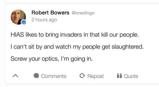 Le message posté par Robert Bowers sur Gab, publié par l'agence Associated Press. // Source : Associated Press