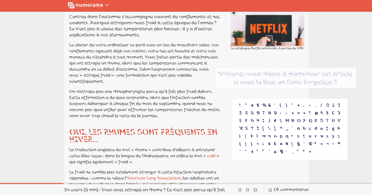 Un article de Numerama converti en Sans Forgetica. // Source : Capture d'écran Numerama