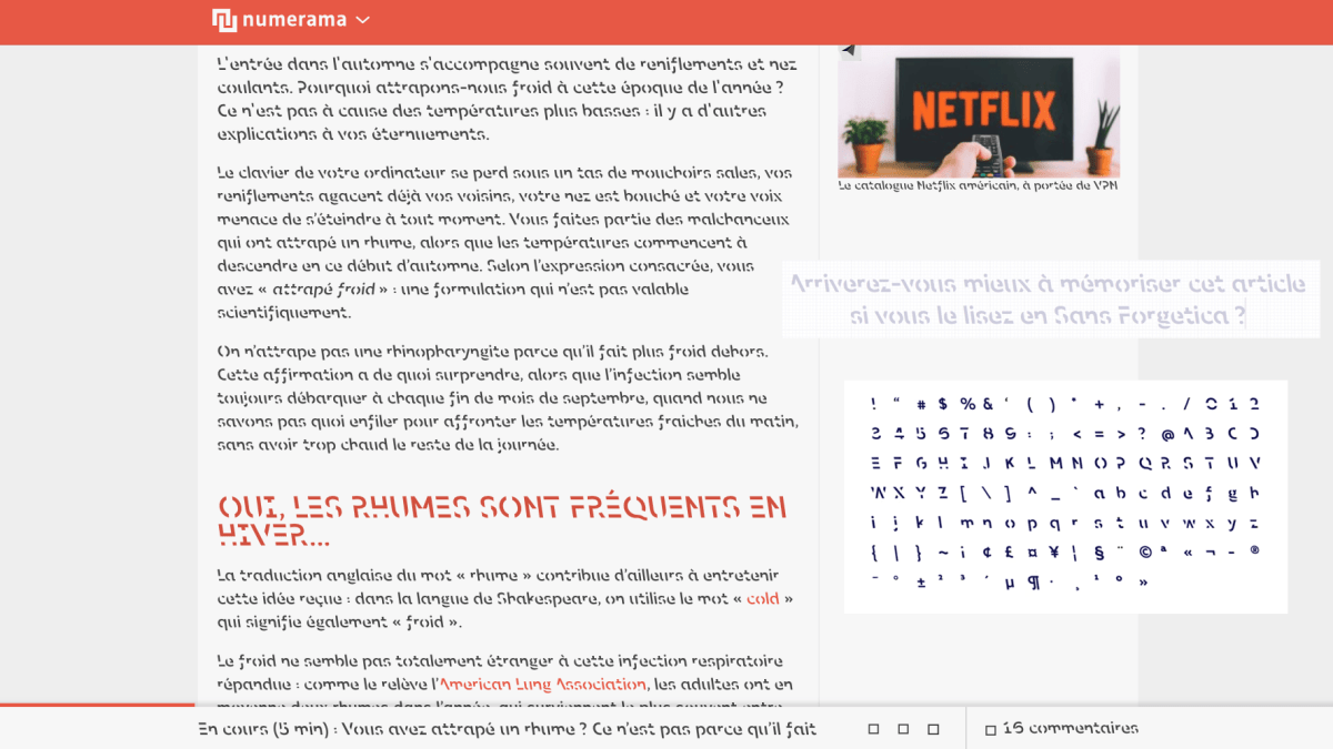 Un article de Numerama converti en Sans Forgetica. // Source : Capture d'écran Numerama