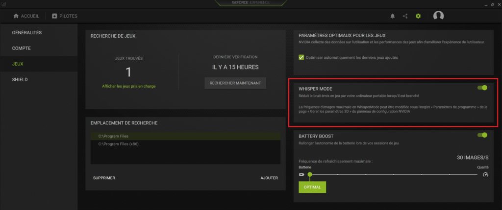 Le Whisper Mode peut être activé dans les options de GeForce Experience. Le Whisper Mode peut être activé dans les options de GeForce Experience.