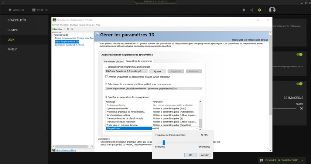 Une fois le Whisper Mode activé, il est possible de plafonner soi-même le nombre de FPS sur les jeux dans les options du panneau de configuration Nvidia.