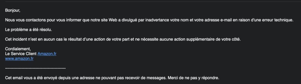 Le mail d'Amazon envoyés aux clients Français par la fuite des données.  // Source : Siècle Digital 