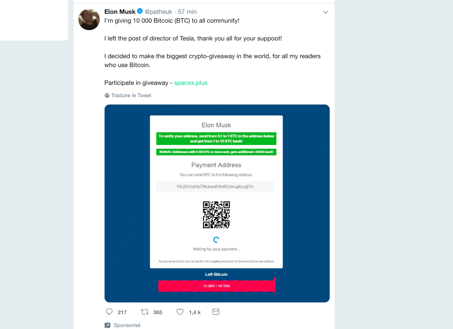 Capture d'écran du tweet malveillant du compte twitter détourné de Pathé UK / 5 novembre 2018