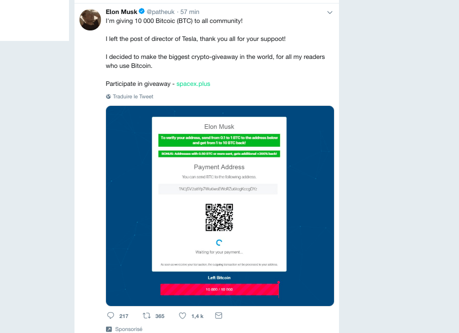 Capture d'écran du tweet malveillant du compte twitter détourné de Pathé UK / 5 novembre 2018 Capture d'écran du tweet malveillant du compte twitter détourné de Pathé UK / 5 novembre 2018