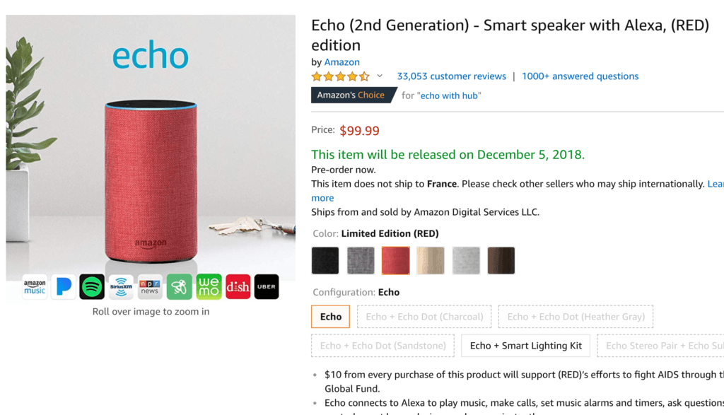 Amazon Echo (RED) 2nde génération // Source : Amazon