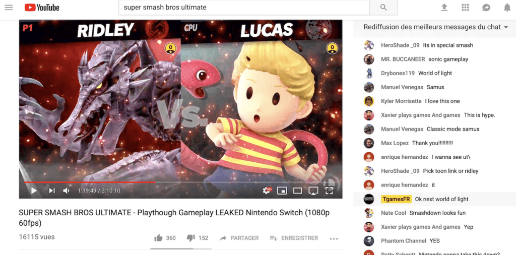 Exemple d'une fuite YouTube sur Super Smash Bros. Ultimate // Source : Capture YouTube du 27 novembre 2018