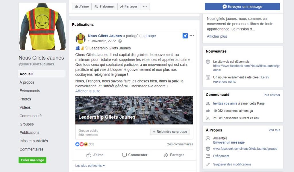 La page « nos gilets jaunes » est l'une des plus populaires. // Source : Capture d'écran Facebook / Numerama