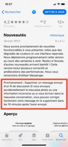 Capture d'écran de la dernière mise à jour Messenger Capture d'écran de la dernière mise à jour Messenger