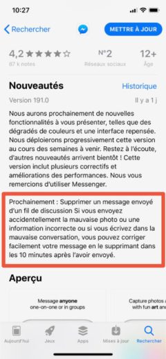 Capture d'écran de la dernière mise à jour Messenger