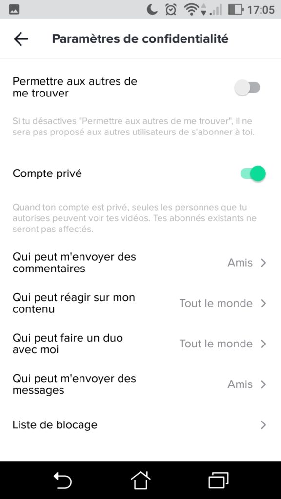 Il est possible de paramétrer son compte TikTok pour se protéger. // Source : Capture d'écran TikTok / Numerama