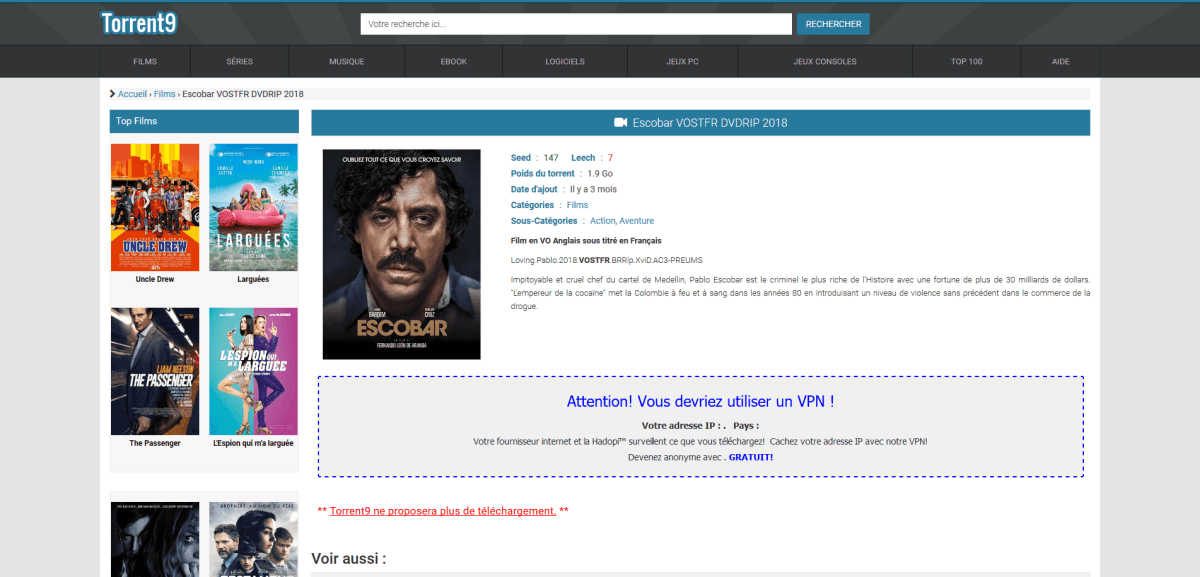 Capture d'écran d'une page de Torrent9.