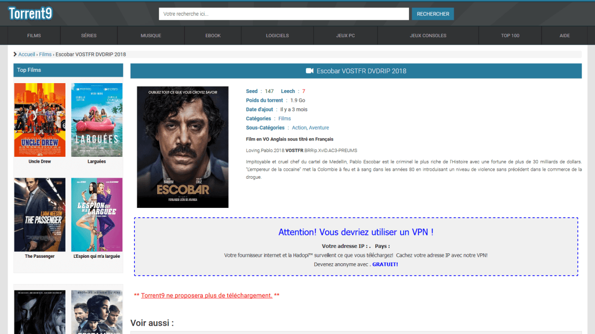 Capture d'écran d'une page de Torrent9.