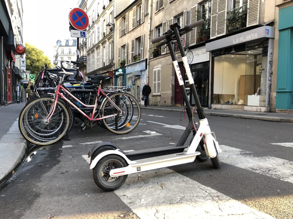 Trottinettes électriques Bird sur passage piéton // Source : Numerama