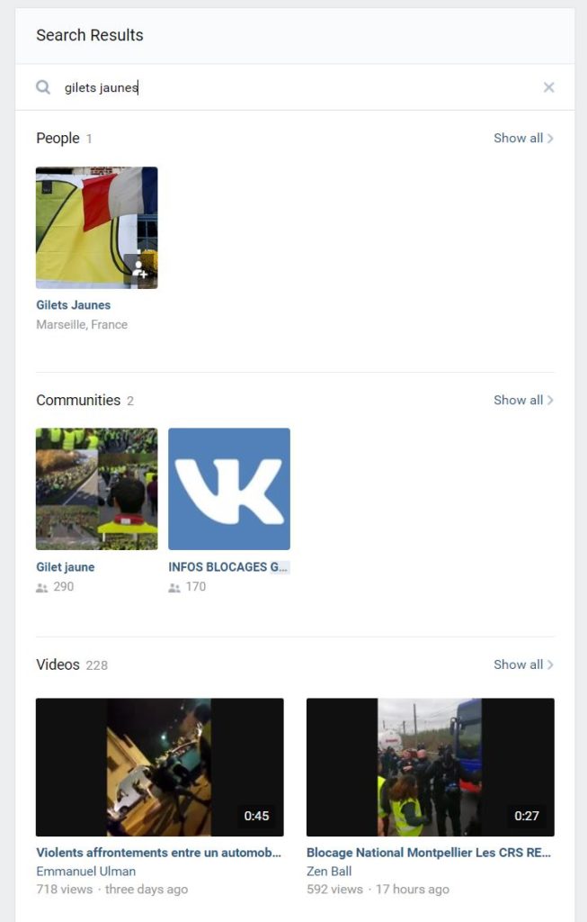 Sur VKontakte, quelques groupes sur les gilets jaunes. // Source : Capture d'écran / Vkontakte