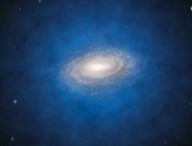La distribution estimée de la matière noire autour de la Voie lactée, en bleu. // Source : Wikimedia/CC/ESO/L. Calçada