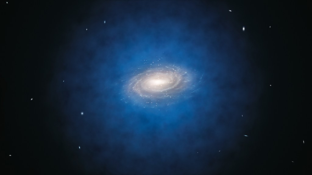 La distribution estimée de la matière noire autour de la Voie lactée, en bleu. // Source : Wikimedia/CC/ESO/L. Calçada