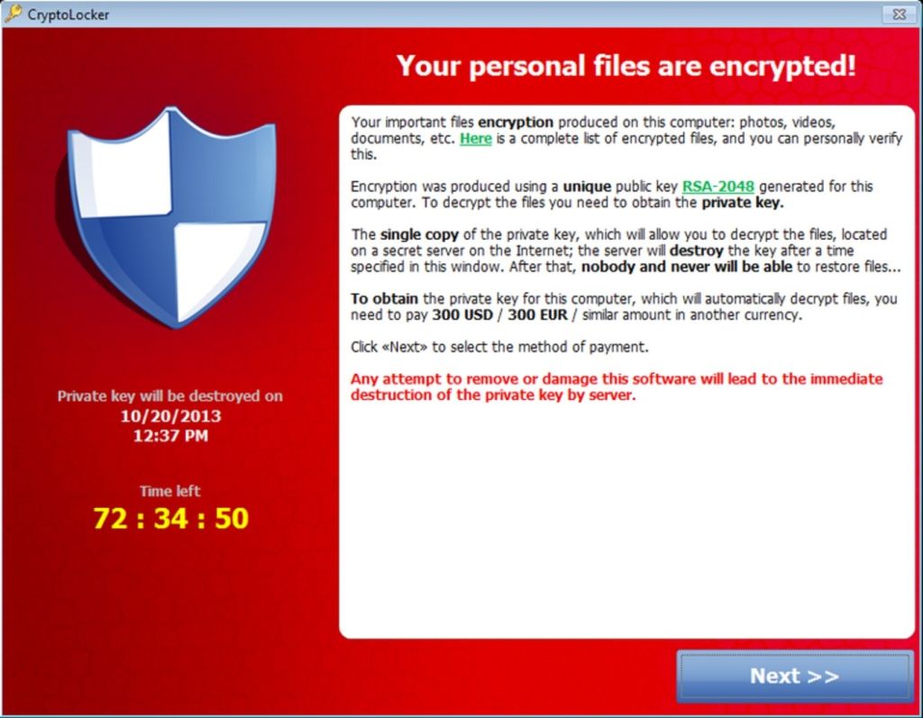 Le fameux écran de Cryptolocker indiquant qu'il faut payer une rançon pour avoir de nouveau accès à ses fichiers.