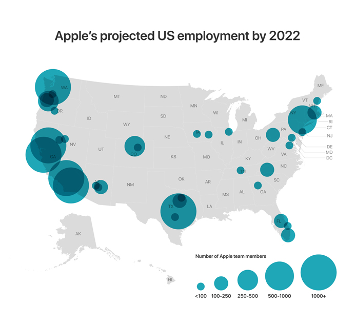Les villes dans lesquelles Apple veut installer des campus d'ici 3 ans. // Source : Apple