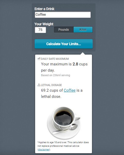 Le nombre de cafés à ne pas dépasser lorsqu'on fait 75 kilos. // Source : Capture d'écran caffeine informer